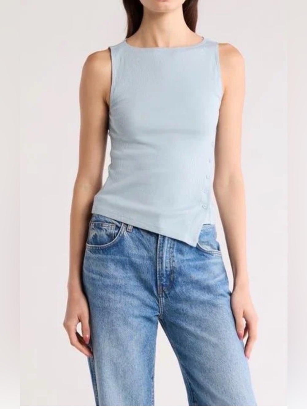 REFORMATION Hudson Rib Tank Mineral Blue Side Button Large NWT